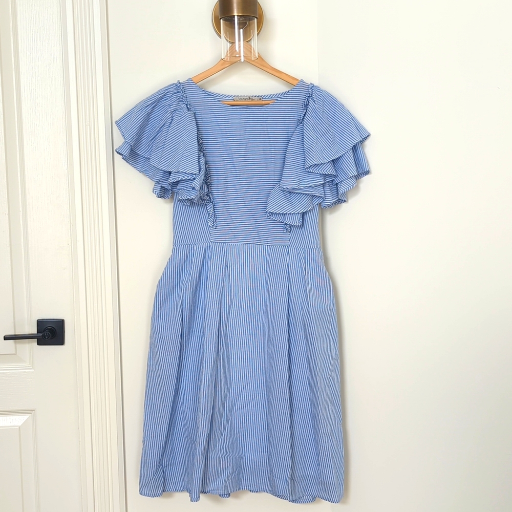 BACKGROUND Italian Blue & White Stripped Dress, Size Medium